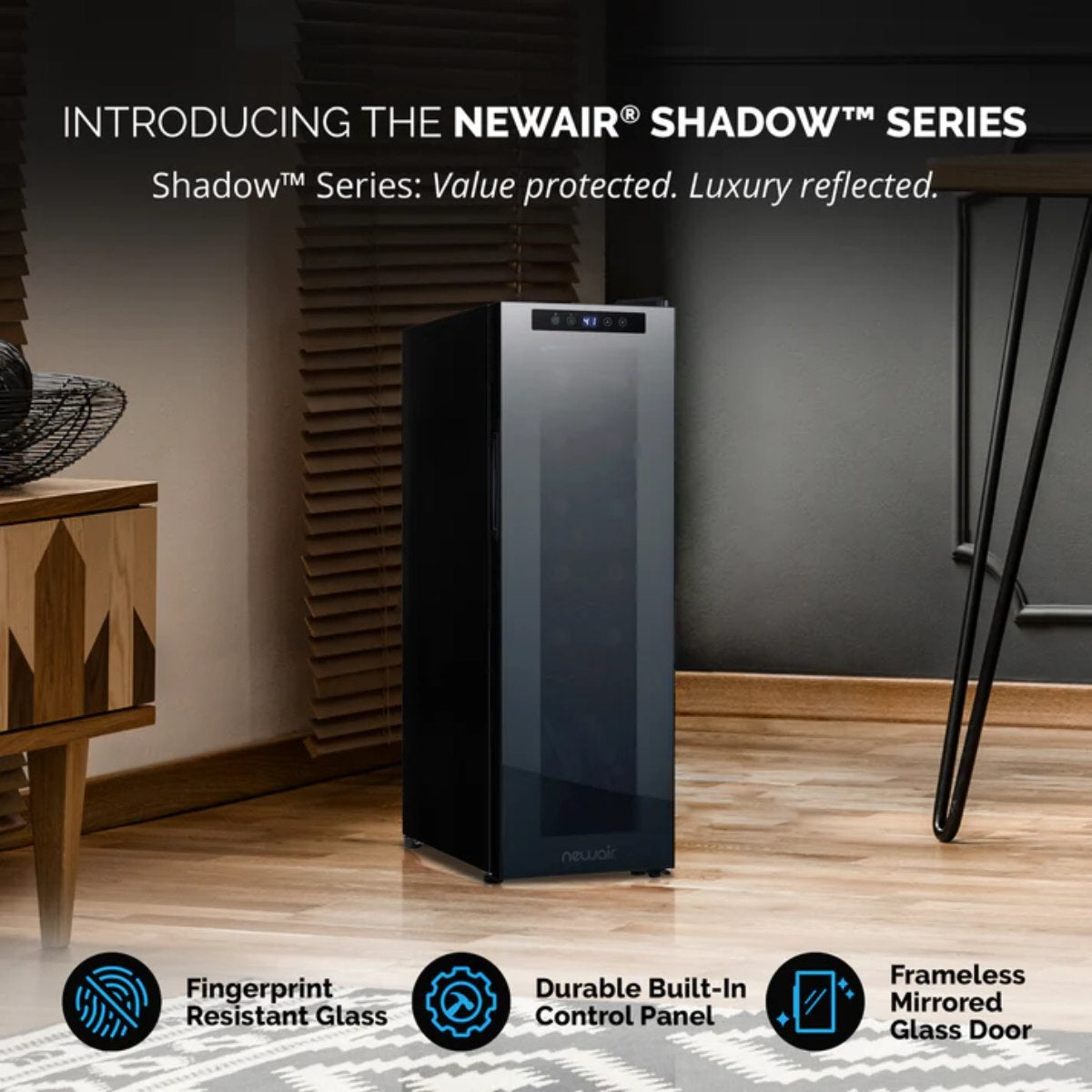 Newair 12 Bottle Shadow Series Countertop Wine Fridge – 13.6" Black - Shadow Series - Value Protected - Luxury Reflected