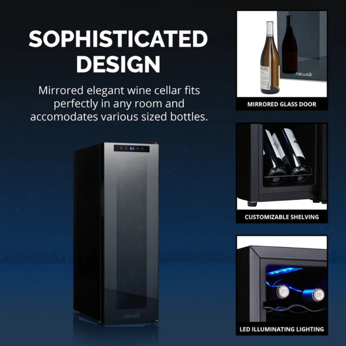 Newair 12 Bottle Shadow Series Countertop Wine Fridge – 13.6" Black - Sophisticated Design