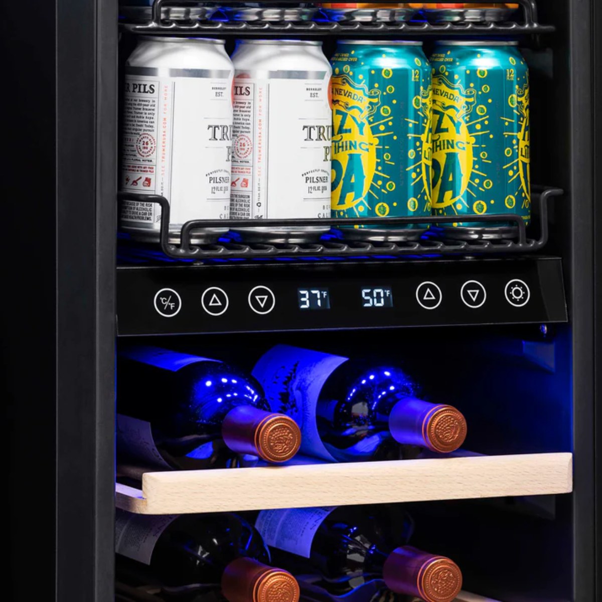 Newair 15″ SplitShelf 48-Can / 9-Bottle Dual Zone Beverage Fridge - close up view of the digital thermostat with controls