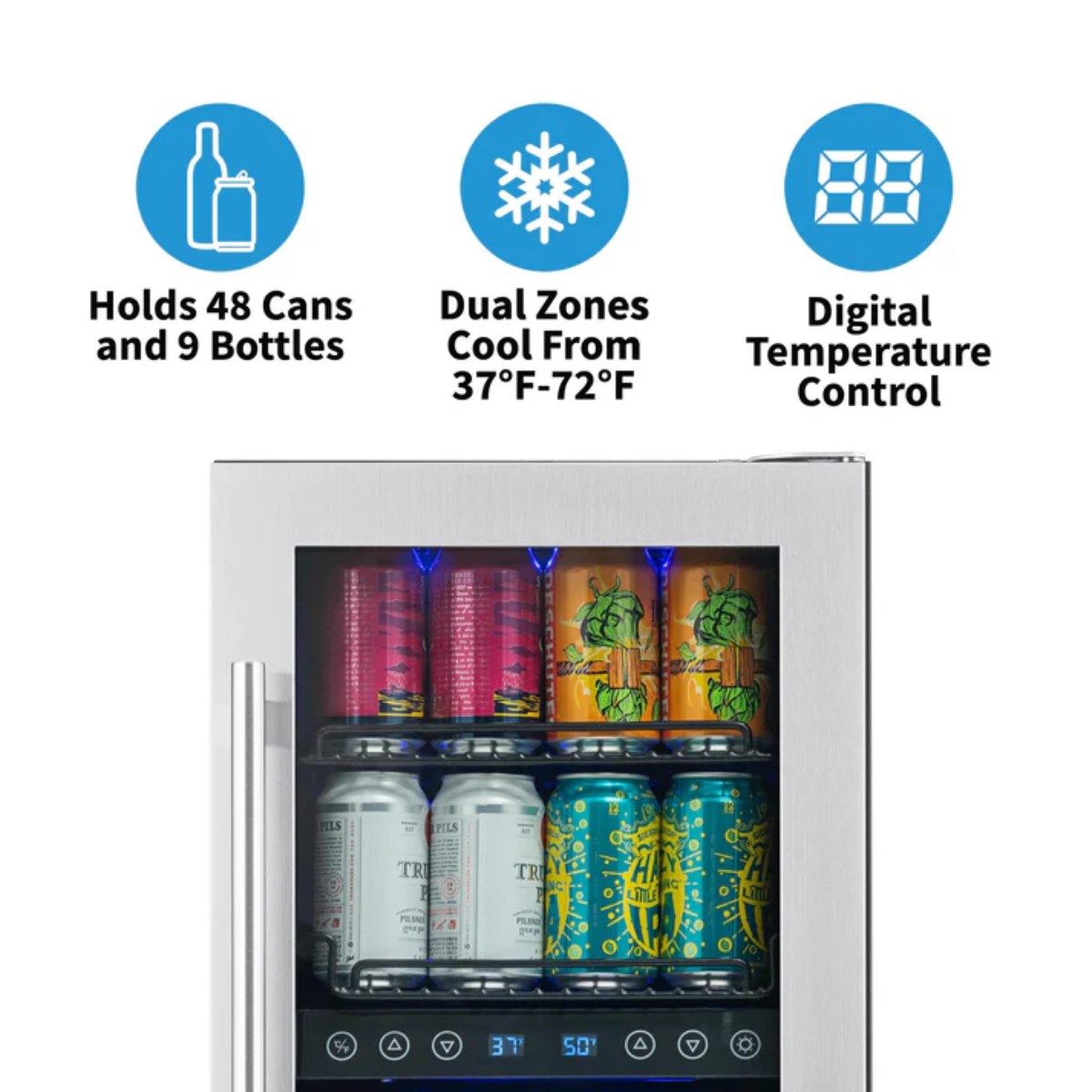 Newair 15″ SplitShelf 48-Can / 9-Bottle Dual Zone Beverage Fridge - features of the fridge shown