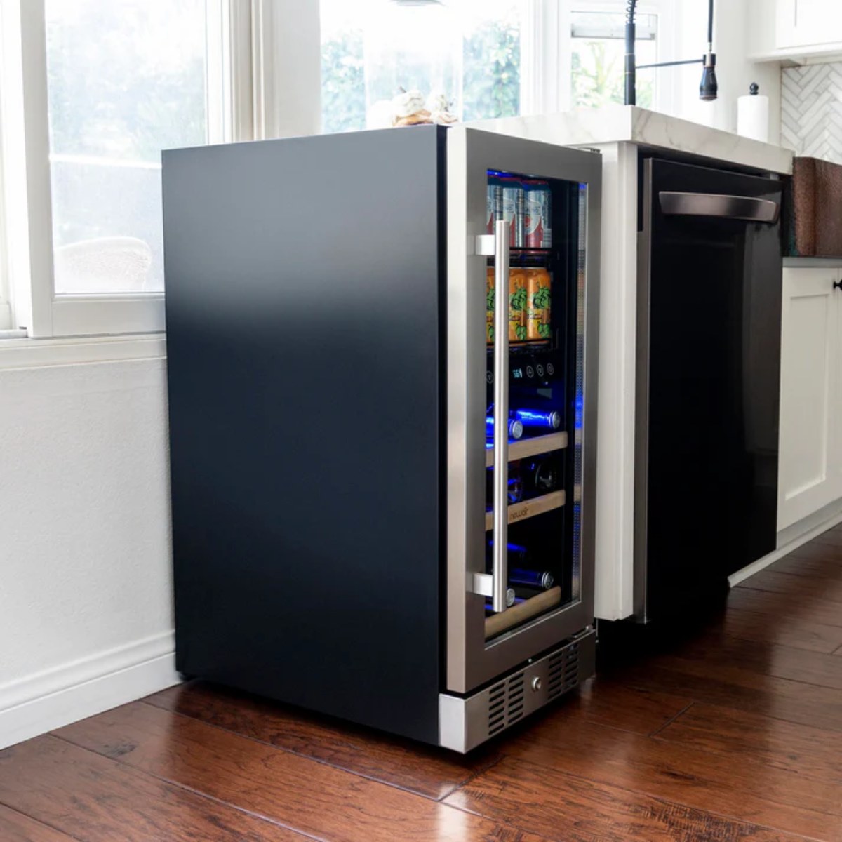 Newair 15″ SplitShelf 48-Can / 9-Bottle Dual Zone Beverage Fridge - fridge installed beside a dishwasher in a modern kitchen