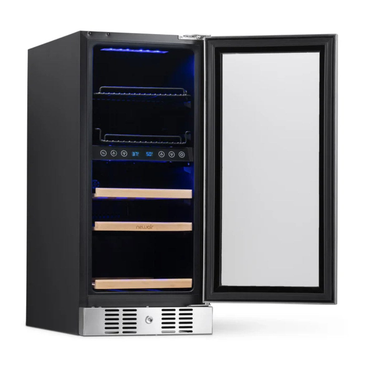 Newair 15″ SplitShelf 48-Can / 9-Bottle Dual Zone Beverage Fridge - front left view empty shelves open door