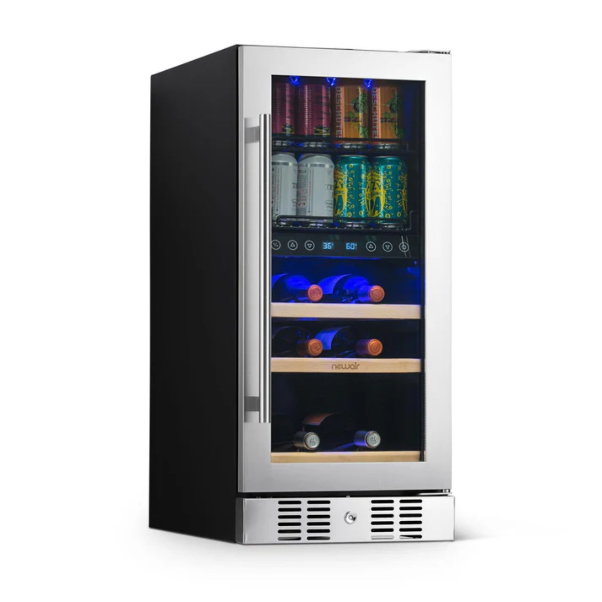 Newair 15″ SplitShelf 48-Can / 9-Bottle Dual Zone Beverage Fridge - front left view loaded shelves closed door