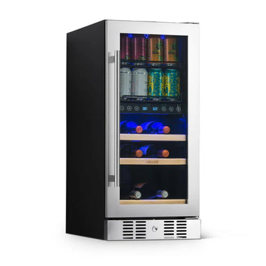 Newair 15″ SplitShelf 48-Can / 9-Bottle Dual Zone Beverage Fridge - front left view loaded shelves closed door