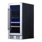 Newair 15″ SplitShelf 48-Can / 9-Bottle Dual Zone Beverage Fridge - front right view empty shelves closed door
