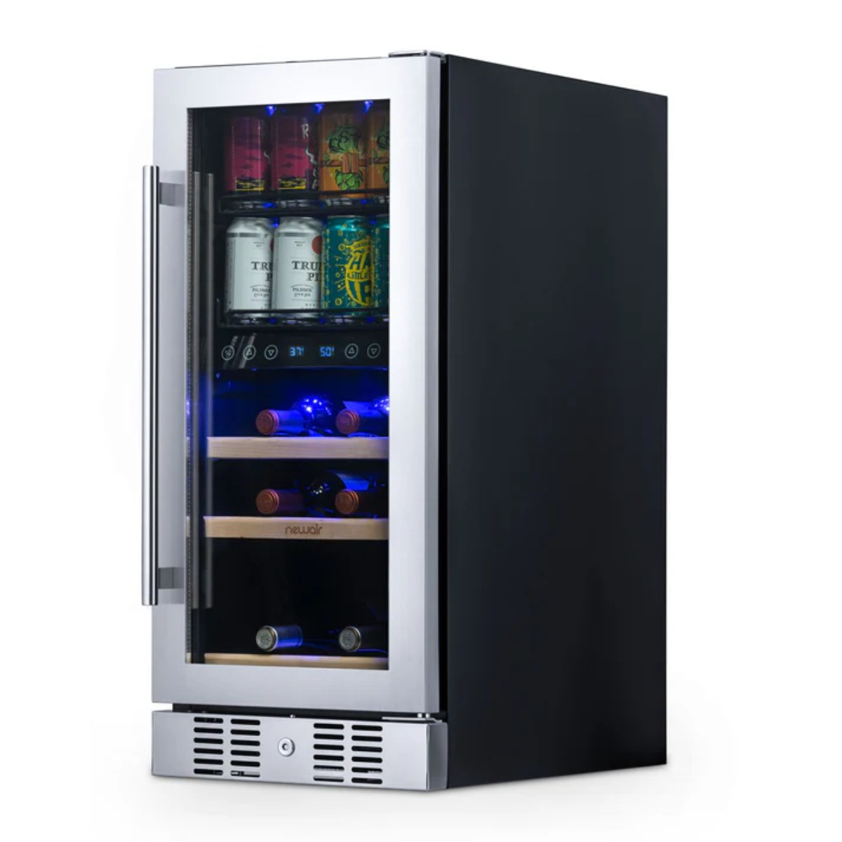 Newair 15″ SplitShelf 48-Can / 9-Bottle Dual Zone Beverage Fridge - front right view loaded shelves closed door