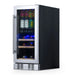 Newair 15″ SplitShelf 48-Can / 9-Bottle Dual Zone Beverage Fridge - front right view loaded shelves closed door