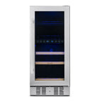 Newair 15″ SplitShelf 48-Can / 9-Bottle Dual Zone Beverage Fridge - front view empty shelves closed door
