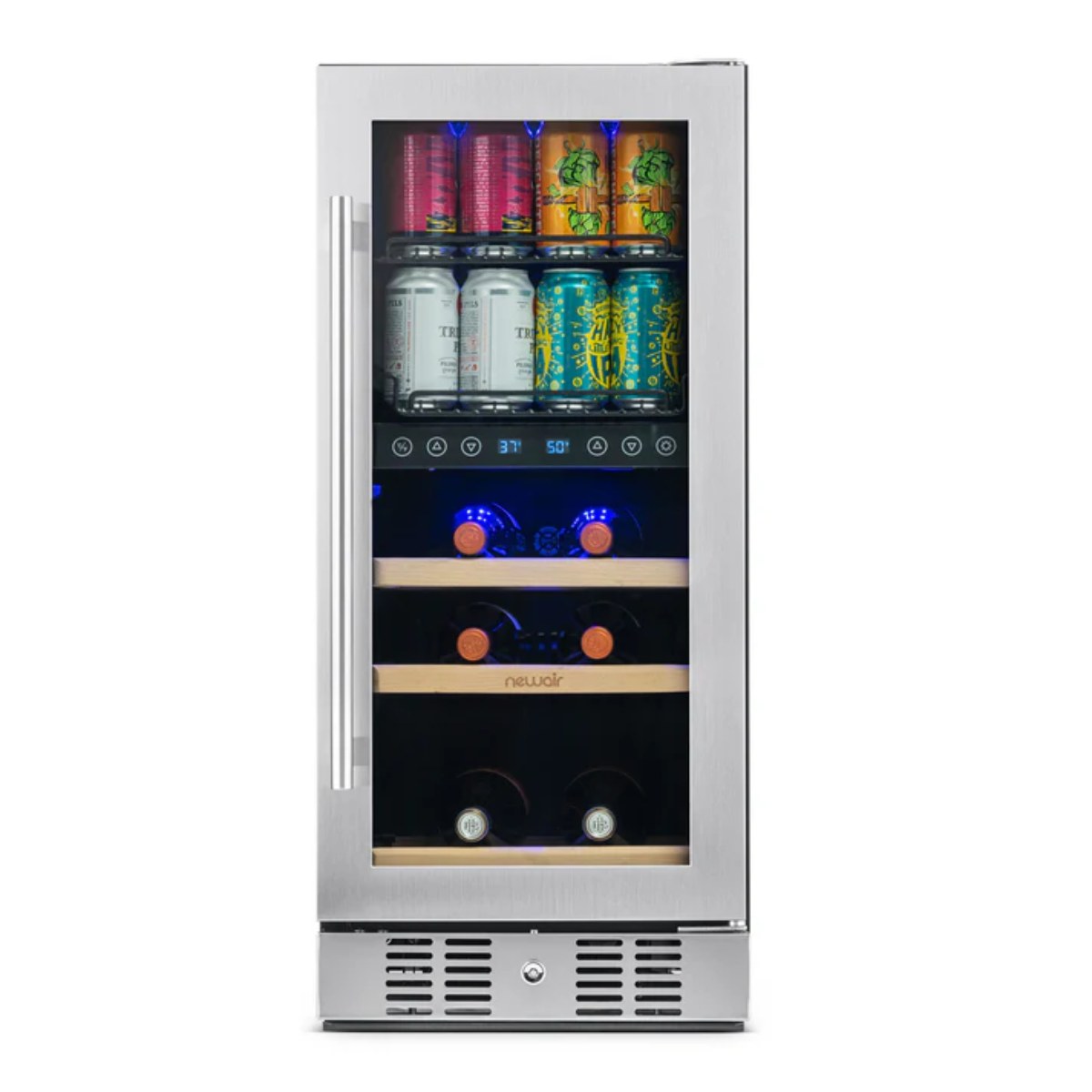 Newair 15″ SplitShelf 48-Can / 9-Bottle Dual Zone Beverage Fridge - front view loaded shelves closed door
