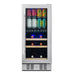 Newair 15″ SplitShelf 48-Can / 9-Bottle Dual Zone Beverage Fridge - front view loaded shelves closed door