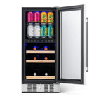 Newair 15″ SplitShelf 48-Can / 9-Bottle Dual Zone Beverage Fridge - front view loaded shelves open door