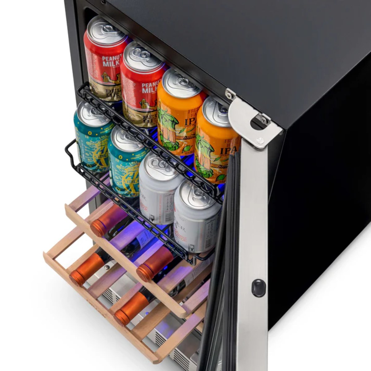 Newair 15″ SplitShelf 48-Can / 9-Bottle Dual Zone Beverage Fridge - top view of the fridge racks shown with cans and wine bottles