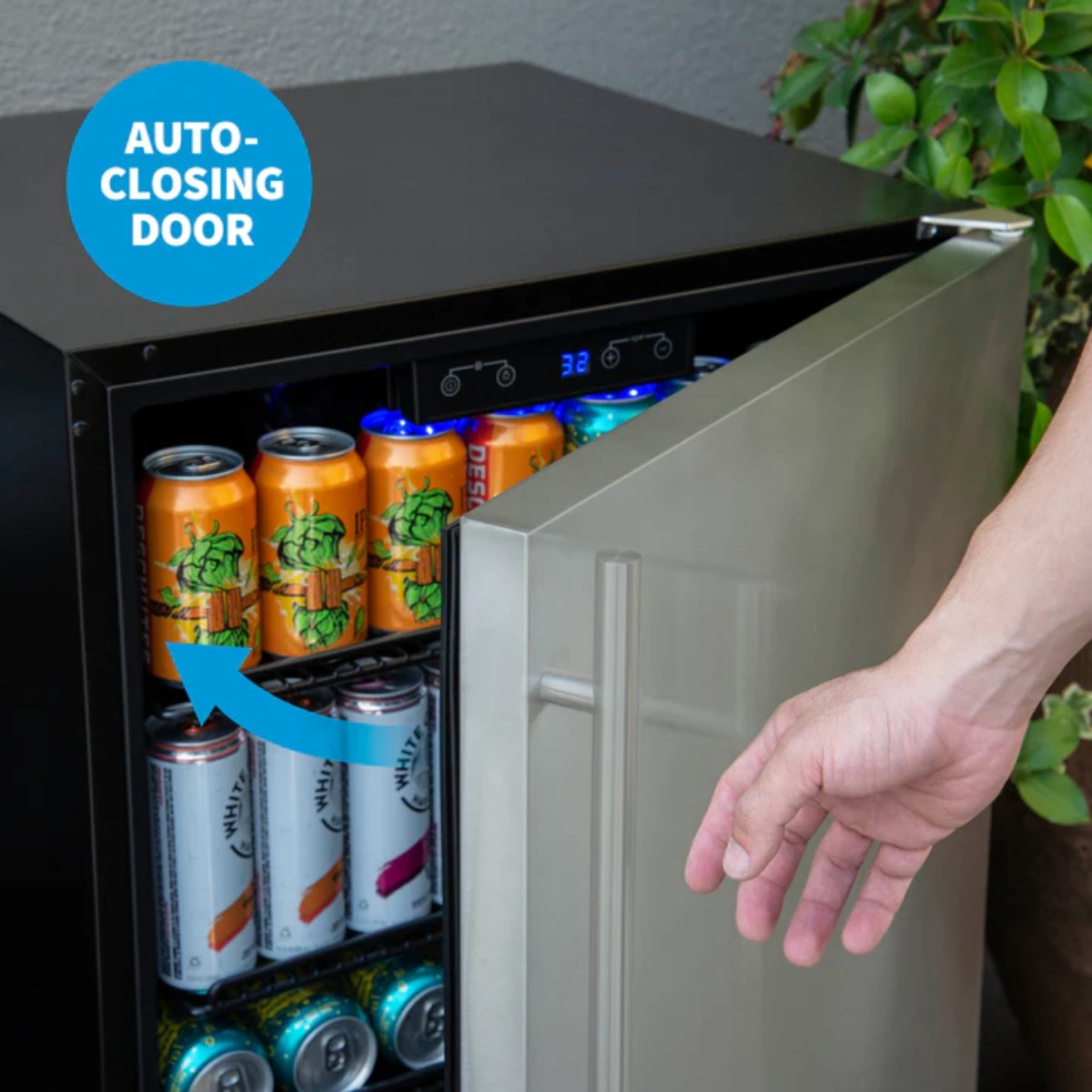 Newair 160-Can Outdoor Beverage Fridge – 24″ Built-In/Freestanding - Auto closing door shown