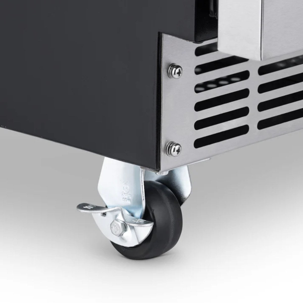Newair 160-Can Outdoor Beverage Fridge – 24″ Built-In/Freestanding - Close up view of the rolling caster