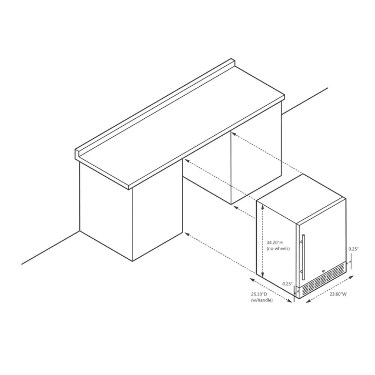 Newair 160-Can Outdoor Beverage Fridge – 24″ Built-In/Freestanding - Dimensions of the fridge shown for built in configuration