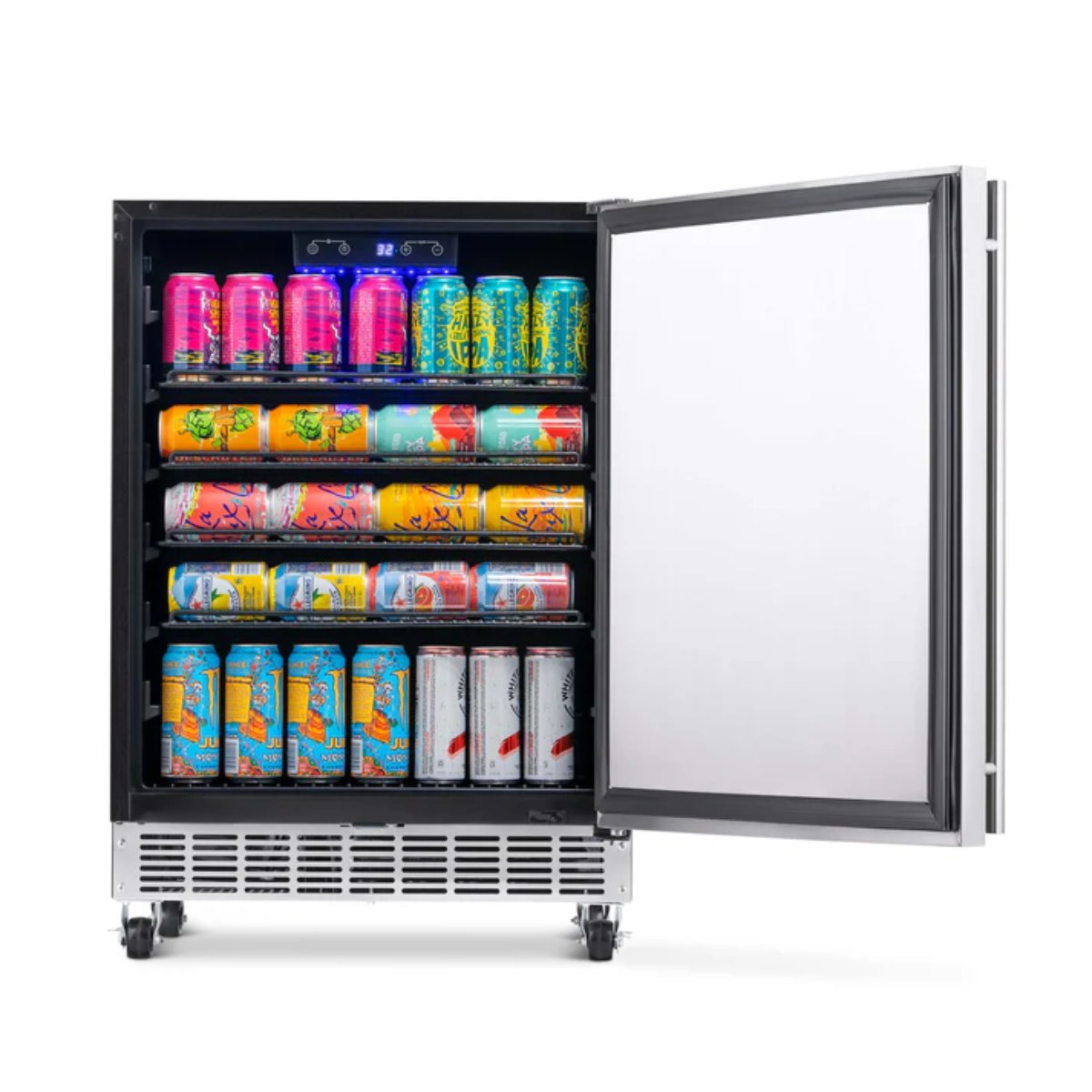 Newair 160-Can Outdoor Beverage Fridge – 24″ Built-In/Freestanding - Front view loaded inside open door