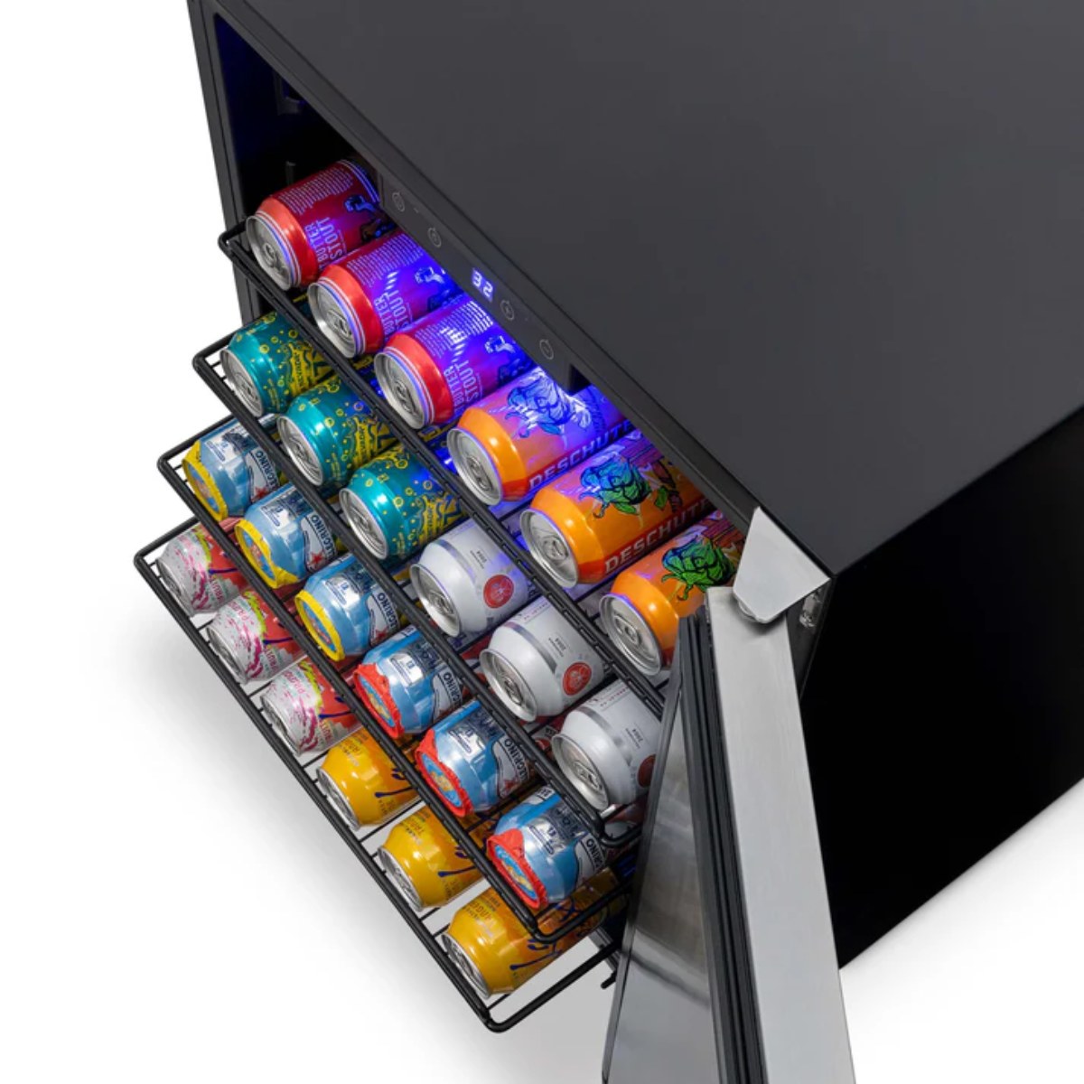 Newair 160-Can Outdoor Beverage Fridge – 24″ Built-In/Freestanding - Top view of the fridge racks shown with can beverages