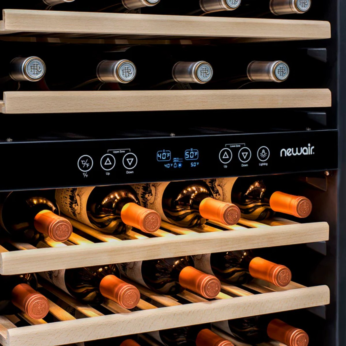 Newair 160 Bottle Dual Zone Wine Fridge – 27" Stainless Steel - Close up view of the Controls