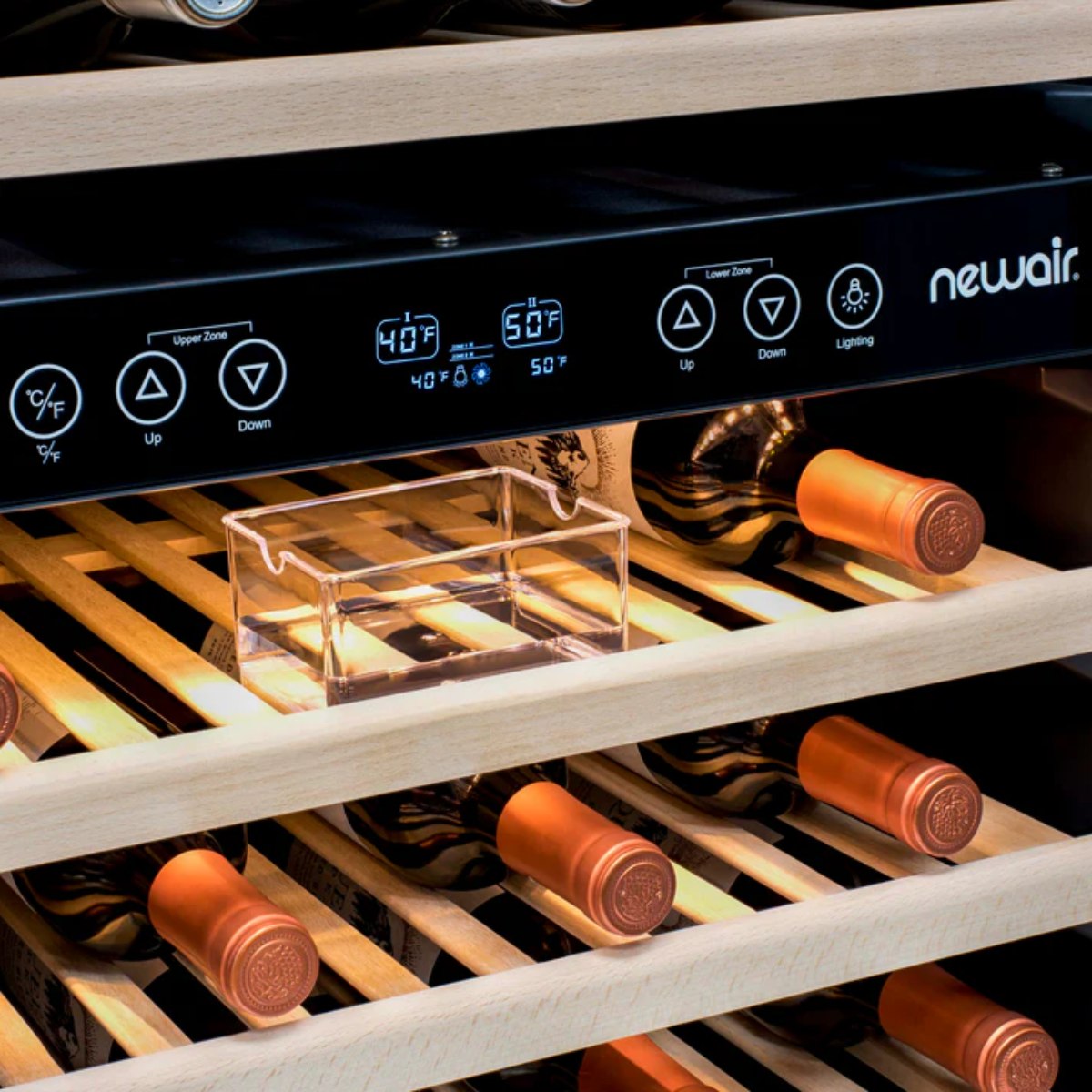 Newair 160 Bottle Dual Zone Wine Fridge – 27" Stainless Steel - Close up view of the Controls with shelves shown