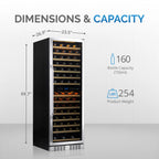Newair 160 Bottle Dual Zone Wine Fridge – 27" Stainless Steel - Dimensions and Capacity Shown
