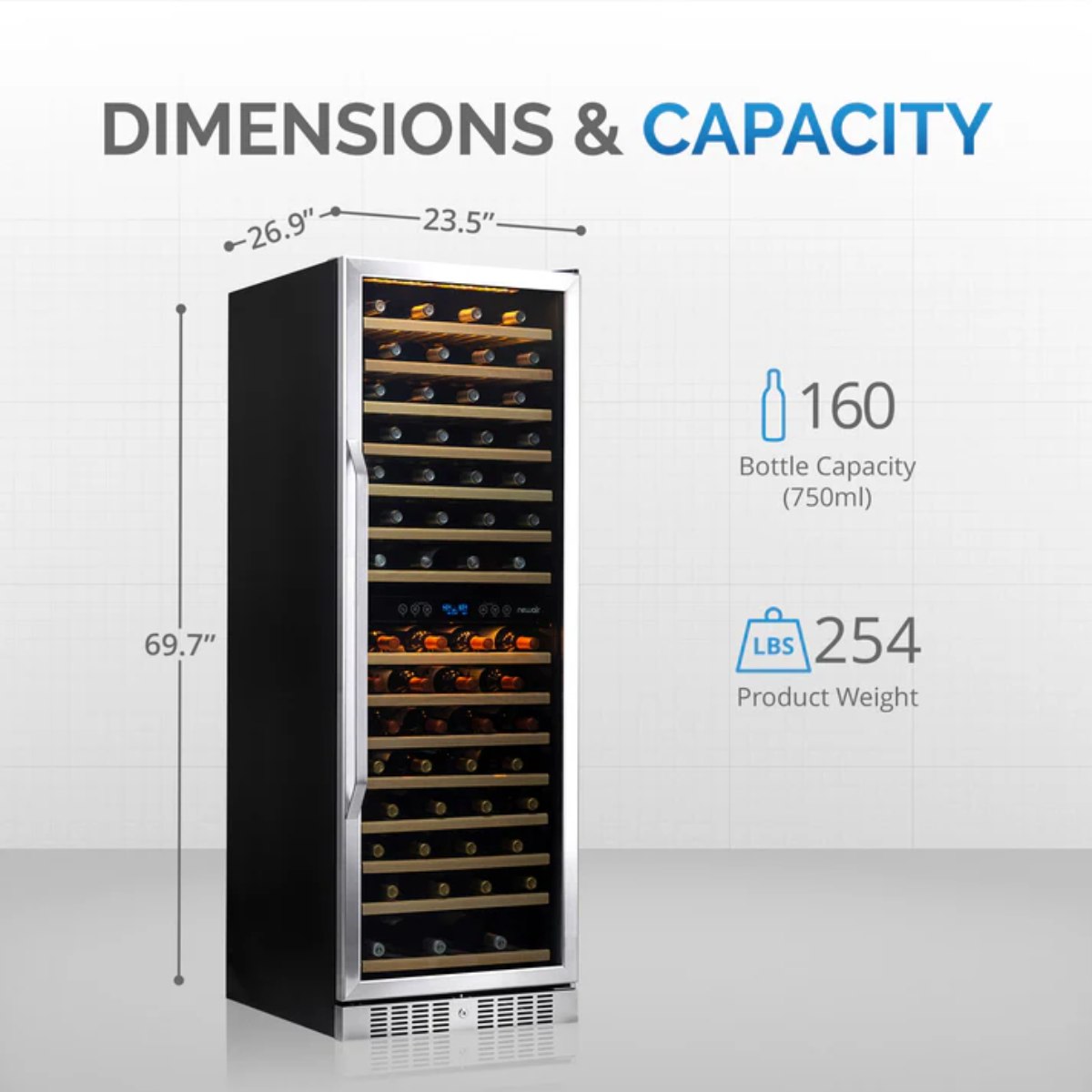 Newair 160 Bottle Dual Zone Wine Fridge – 27" Stainless Steel - Dimensions and Capacity Shown