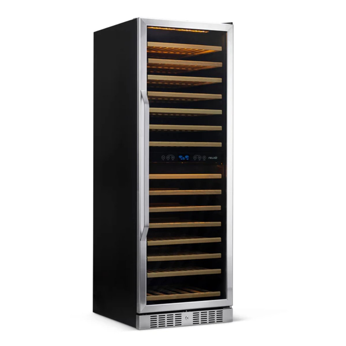 Newair 160 Bottle Dual Zone Wine Fridge – 27" Stainless Steel - Front Left View - Empty Shelves - Closed Door