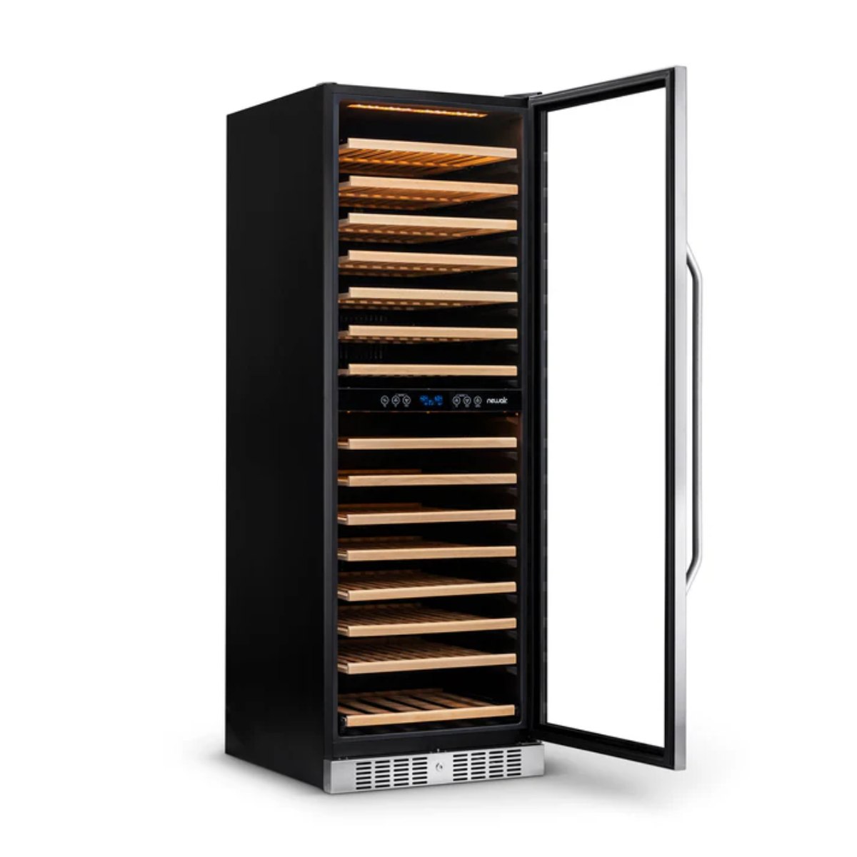Newair 160 Bottle Dual Zone Wine Fridge – 27" Stainless Steel - Front Left View - Empty Shelves