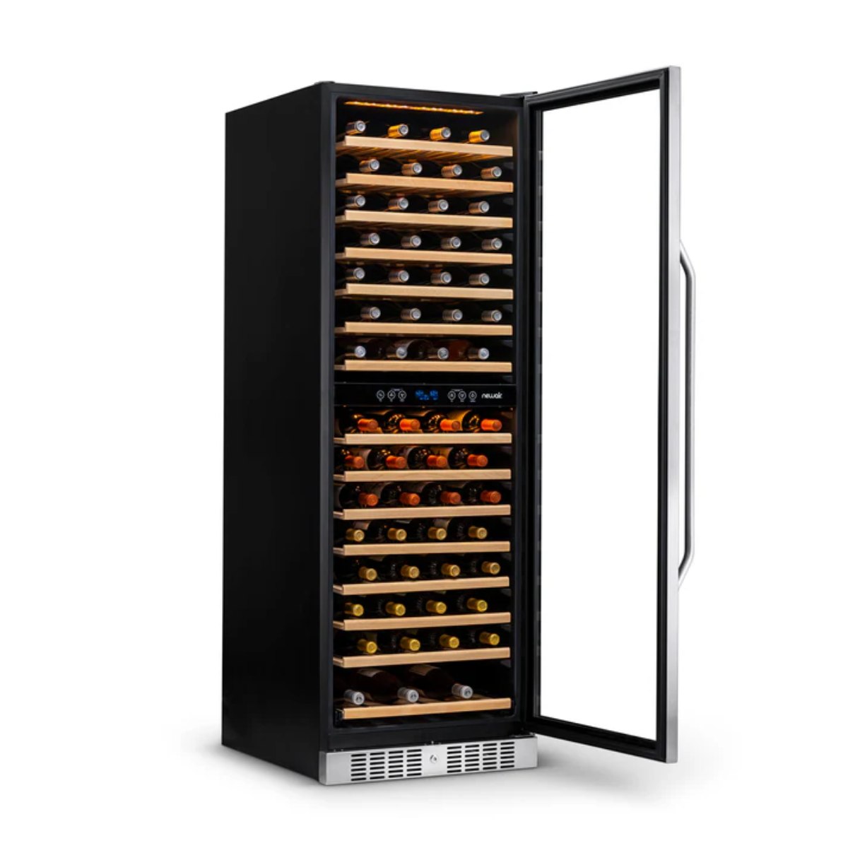 Newair 160 Bottle Dual Zone Wine Fridge – 27" Stainless Steel - Front Left View - Loaded Shelves - Open Door