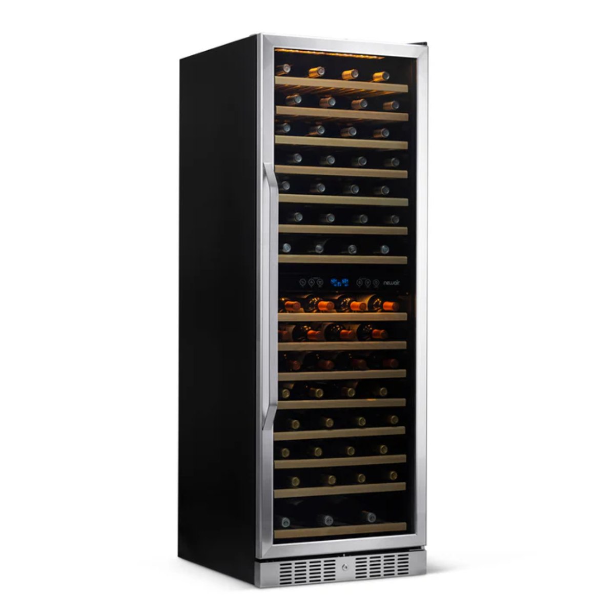 Newair 160 Bottle Dual Zone Wine Fridge – 27" Stainless Steel - Front Left View - Loaded Shelves
