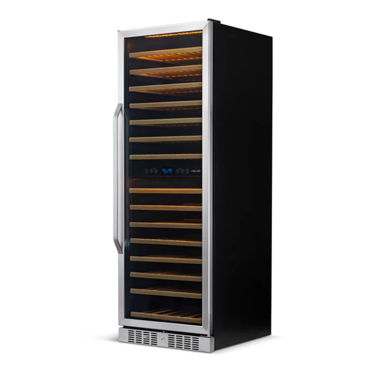 Newair 160 Bottle Dual Zone Wine Fridge – 27" Stainless Steel - Front Right View - Empty Shelves - Closed Door