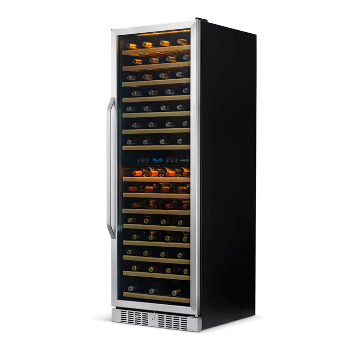 Newair 160 Bottle Dual Zone Wine Fridge – 27" Stainless Steel - Front Right View - Loaded Shelves - Closed Door