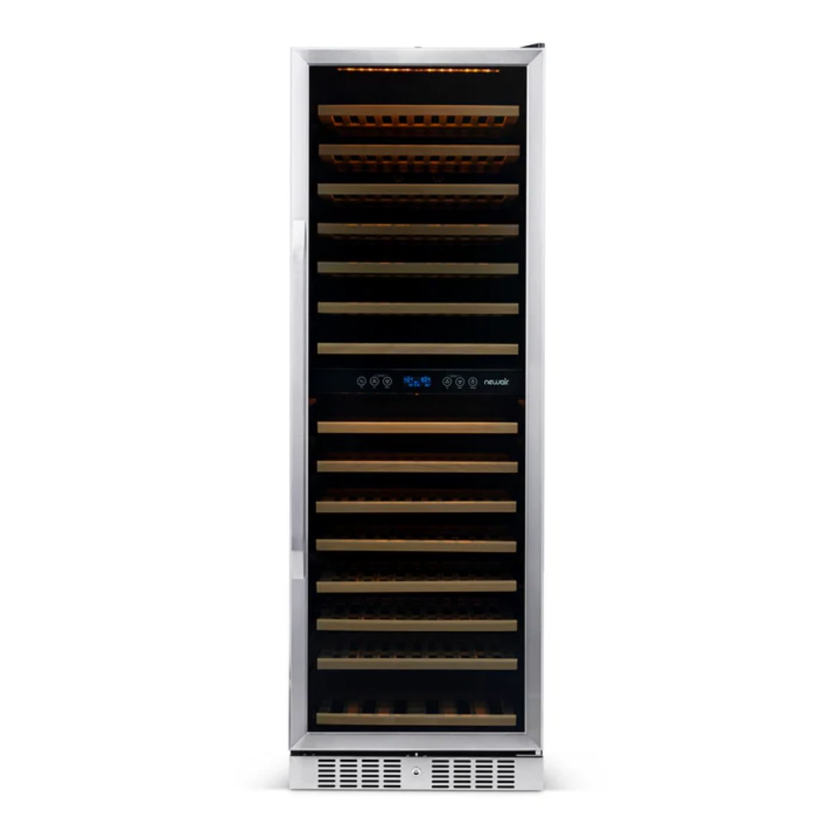 Newair 160 Bottle Dual Zone Wine Fridge – 27" Stainless Steel - Front View - Empty Shelves - Closed Door