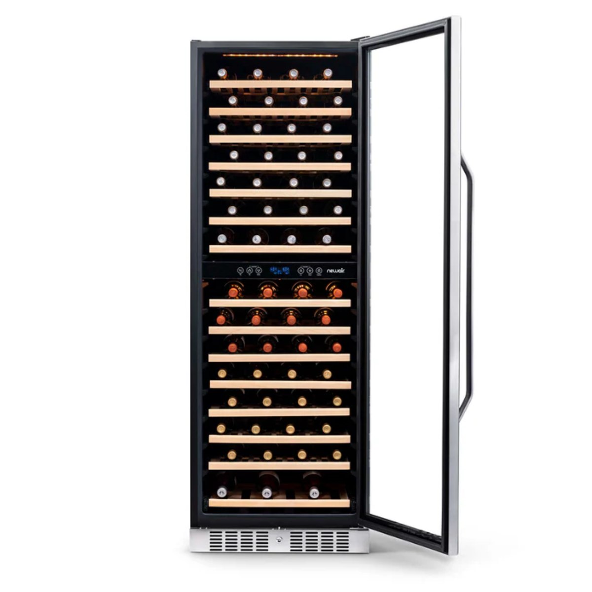 Newair 160 Bottle Dual Zone Wine Fridge – 27" Stainless Steel - Front View - Loaded Shelves - Open Door