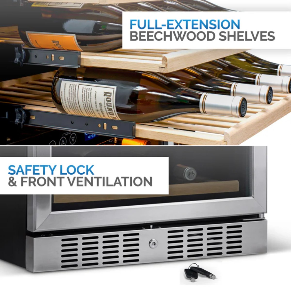Newair 160 Bottle Dual Zone Wine Fridge – 27" Stainless Steel - Full Extension Shelves and Safety Lock  Shown