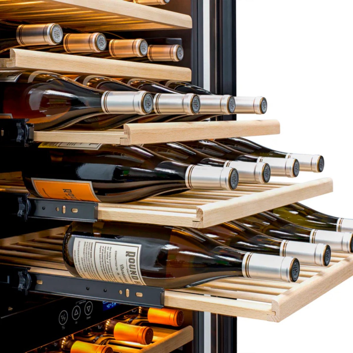 Newair 160 Bottle Dual Zone Wine Fridge – 27" Stainless Steel - Side view of the adjustable shelves
