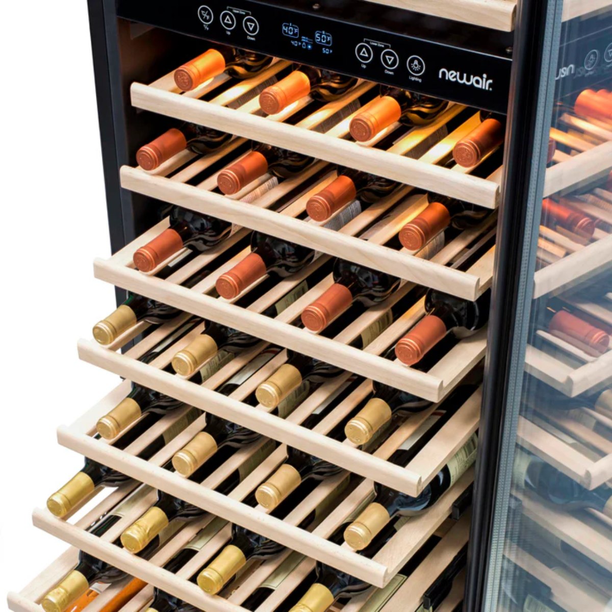 Newair 160 Bottle Dual Zone Wine Fridge – 27" Stainless Steel - Top view of the adjustable shelves with wines