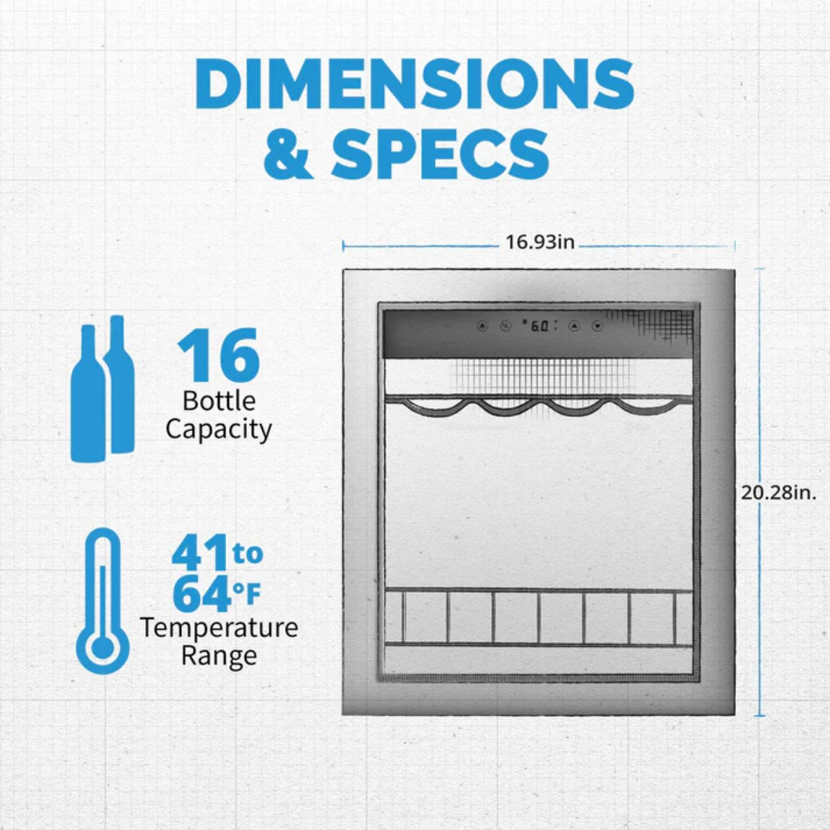 Newair 16 Bottle Freestanding Wine Fridge – 16.9" Stainless Steel - Dimensions and Specifications Shown
