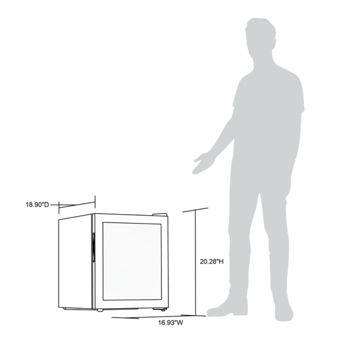 Newair 16 Bottle Freestanding Wine Fridge – 16.9" Stainless Steel - Dimensions of the Fridge shown with comparison to human height