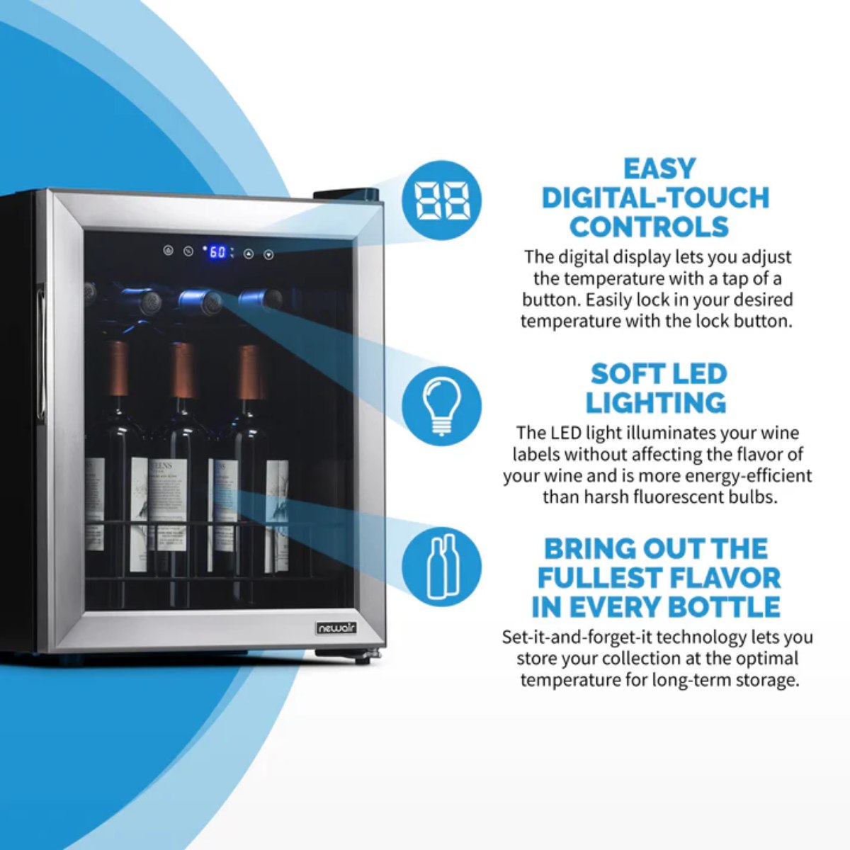 Newair 16 Bottle Freestanding Wine Fridge – 16.9" Stainless Steel - Features of the Fridge shown