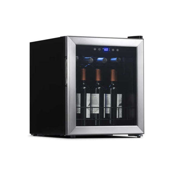 Newair 16 Bottle Freestanding Wine Fridge – 16.9" Stainless Steel - Front Left View of the Fridge - Loaded - Closed Door