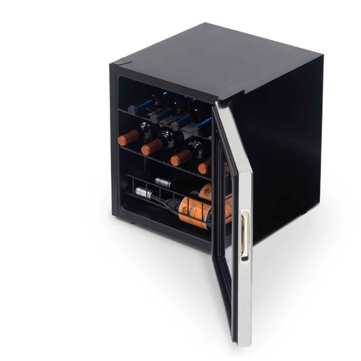 Newair 16 Bottle Freestanding Wine Fridge – 16.9" Stainless Steel - Top View of the Fridge - Loaded - Open Door