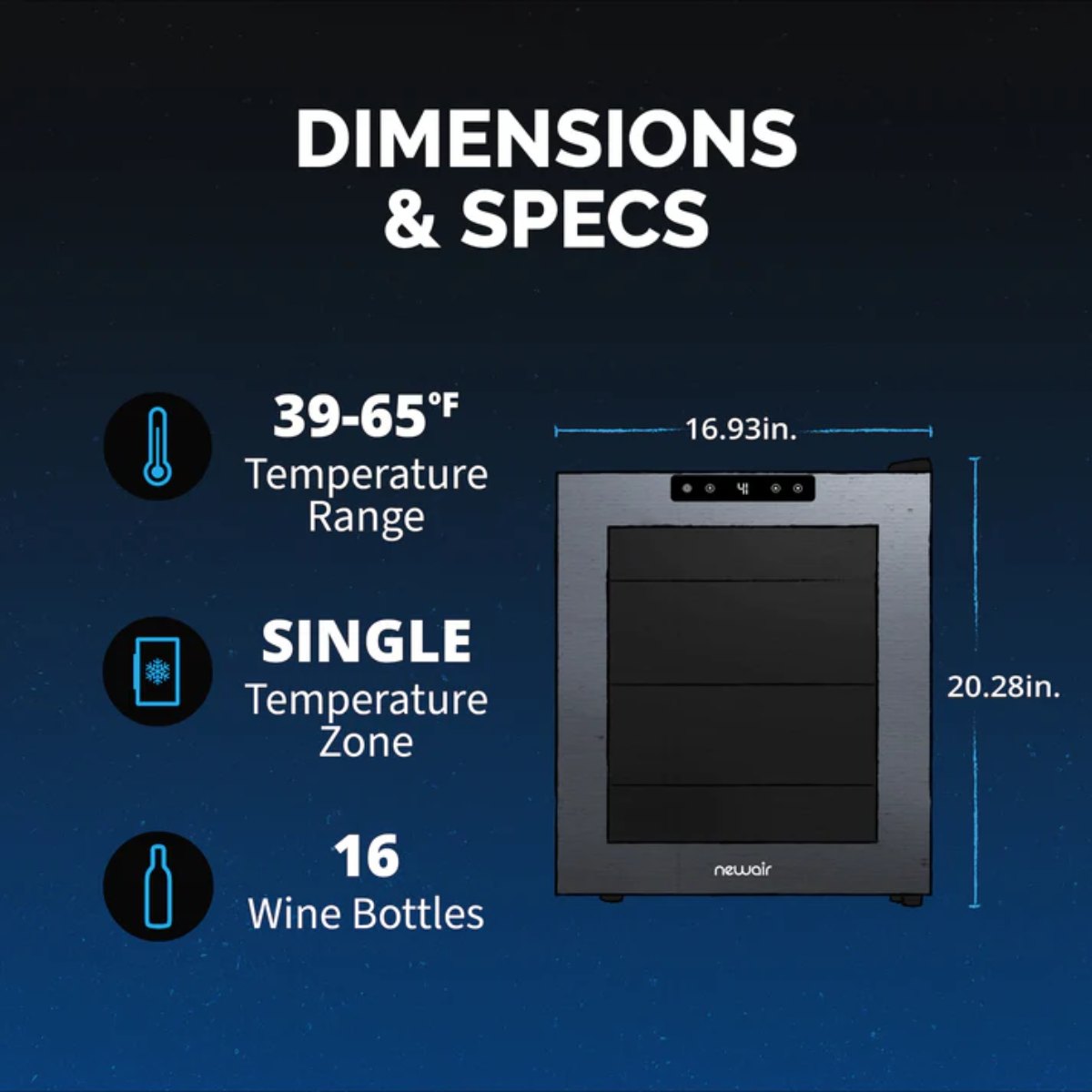 Newair 16 Bottle Shadow Series Freestanding Wine Fridge – 16.9" Black - Dimensions and Specifications