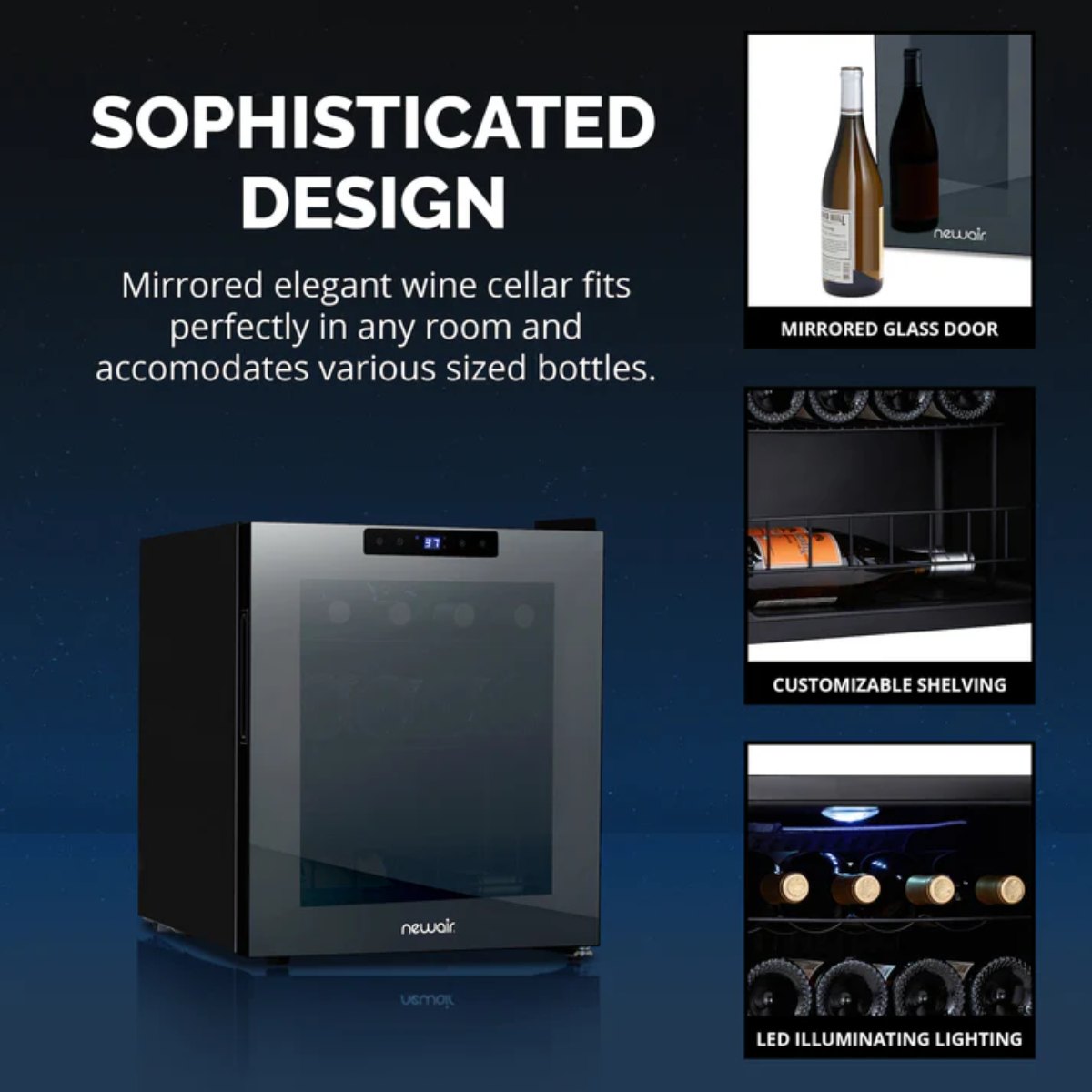 Newair 16 Bottle Shadow Series Freestanding Wine Fridge – 16.9" Black - Sophisticated Design