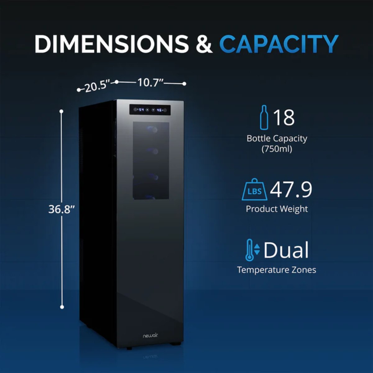 Newair 18 Bottle Shadow-T Series Wine Fridge – 10.75" Black - Dimensions and Capacity Shown