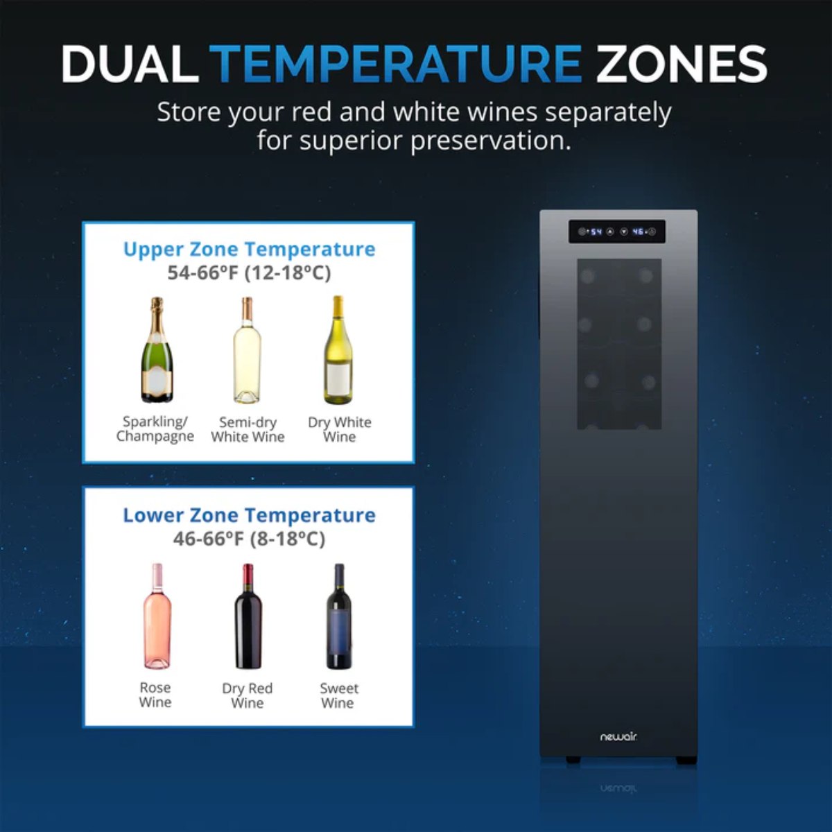 Newair 18 Bottle Shadow-T Series Wine Fridge – 10.75" Black - Dual Temperature Zones for your Red and White Wines