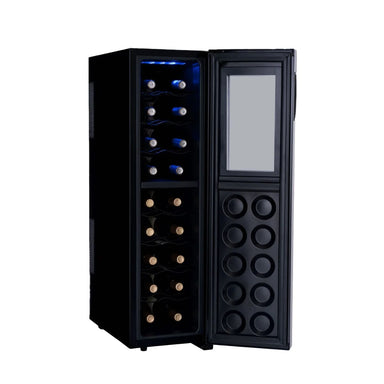 Newair 18 Bottle Shadow-T Series Wine Fridge – 10.75" Black - Front Left View - Loaded - Open Door