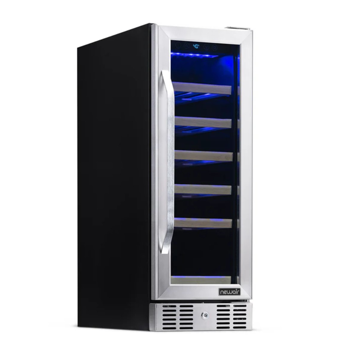 Newair 19 Bottle Built In Wine Fridge – 12" Stainless Steel - Front Left View - Empty Shelves - Closed Door