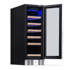Newair 19 Bottle Built In Wine Fridge – 12" Stainless Steel - Front Left View - Empty Shelves - Open Door