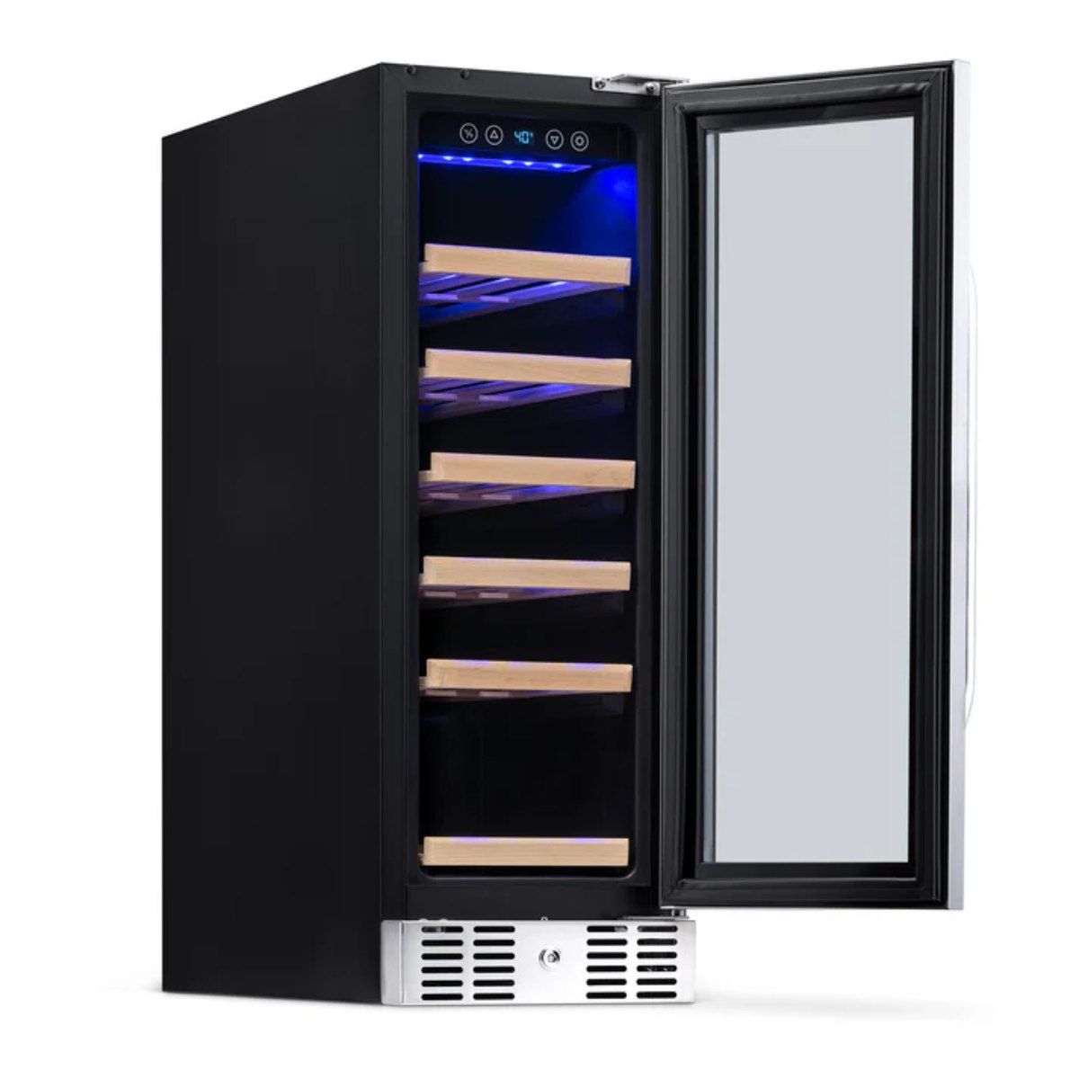 Newair 19 Bottle Built In Wine Fridge – 12" Stainless Steel - Front Left View - Empty Shelves - Open Door