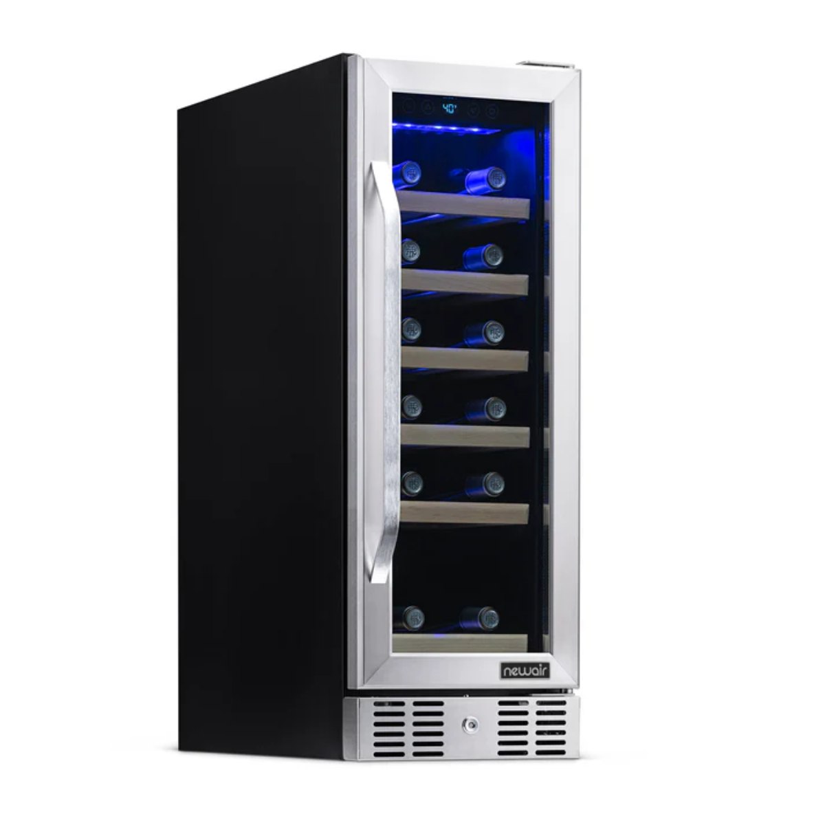 Newair 19 Bottle Built In Wine Fridge – 12" Stainless Steel - Front Left View - Loaded Shelves - Closed Door